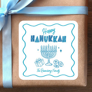 Hanukkah Turquoise Fun Typography Doodles on White Square Sticker