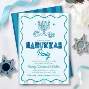 Hanukkah Turquoise Fun Typography Doodles Stripes Invitation