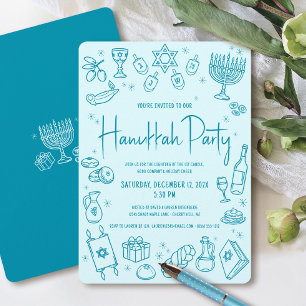 Hanukkah Turquoise Hand Drawn Doodles Whimsical Invitation
