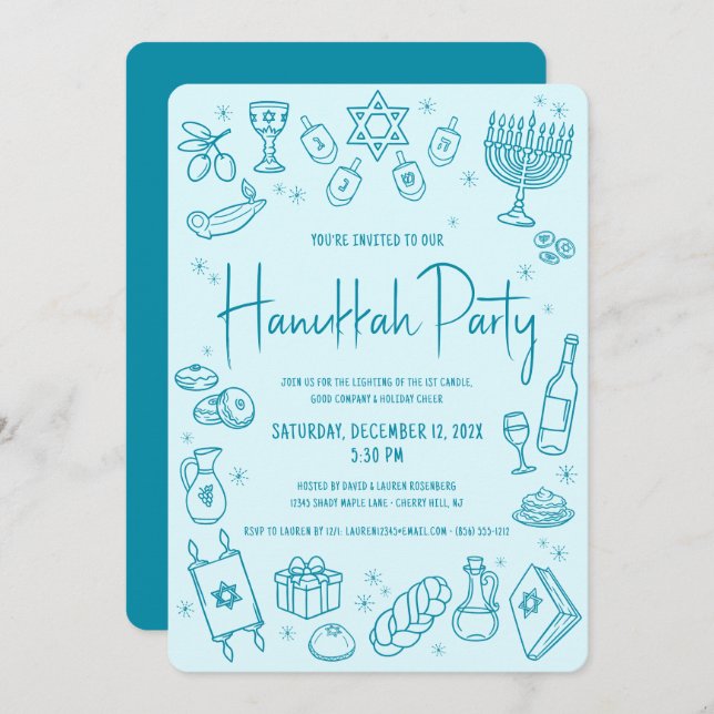 Hanukkah Turquoise Hand Drawn Fun Whimsical Party Invitation (Front/Back)