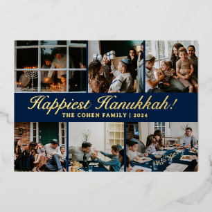 Hanukkah Typography Blue family photo Collage  Foil Holiday Card