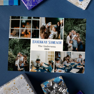 Hanukkah Typography Blue family photo Collage Holiday Card