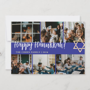 Hanukkah Typography Blue family photo Collage Holiday Card