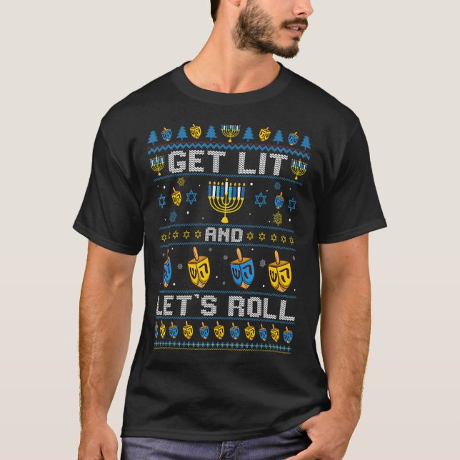 Hanukkah Ugly Sweater Get Lit and Lets Roll Chanuk (Front)