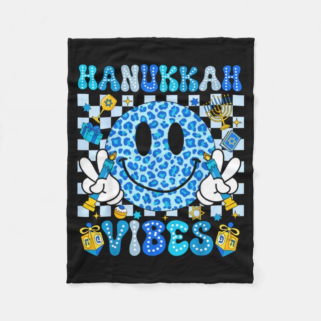Hanukkah Vibes Groovy Smile Face Jewish Holiday Ch Fleece Blanket (Front)
