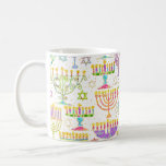 Hanukkah White Gold Menorah Star of David Coffee Mug<br><div class="desc">This custom holiday coffee mug features a chic pattern of gold,  green and purple menorah and gold Star of David on a white background.  Designed by world renowned artist ©Tim Coffey.</div>