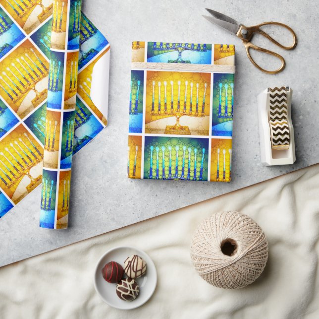 Hanukkah Yellow Blue Menorahs Pattern Modern Chic  Wrapping Paper (Crafts)