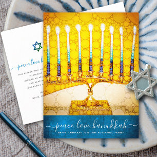 Hanukkah Yellow Gold Menorah Script Teal Stylish Holiday Postcard