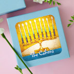 Hanukkah Yellow Gold Menorah Teal Blue Custom Name Square Sticker<br><div class="desc">A close-up photo of a bright, colourful, yellow gold artsy menorah photo helps you usher in the holiday of Hanukkah. Feel the warmth and joy of the holiday season whenever you use this stunning, colourful Hanukkah sticker. Matching cards, stamps, tote bags, serving trays, and other products are available in my...</div>