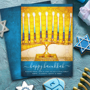 Hanukkah Yellow Gold Menorah Teal Bold Stylish Holiday Card