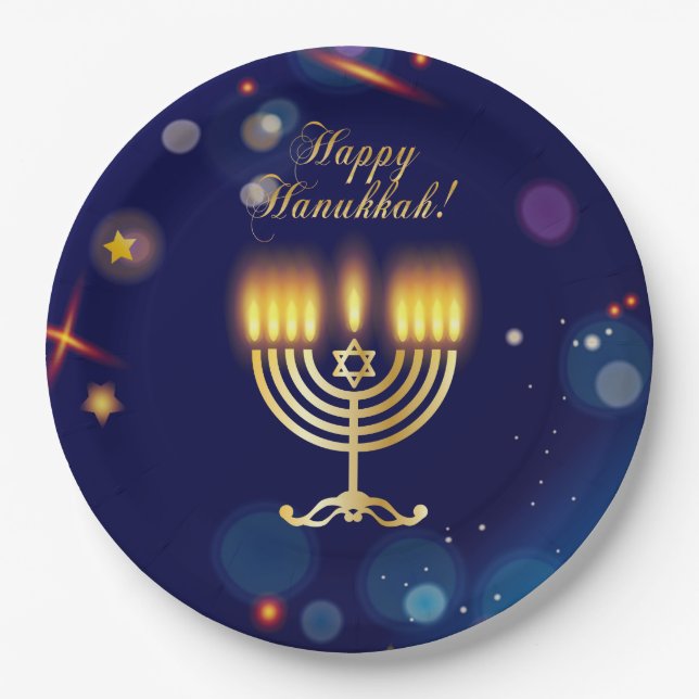 Hanukkiah Happy Hanukkah Jewish Gold Menorah Paper Plate (Front)