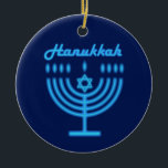 Hanukkiah Happy Hanukkah Jewish Holiday Menorah Ceramic Ornament<br><div class="desc">Hanukkiah Symbol. Happy Hanukkah Party Jewish Holiday Blue Menorah. Jewish Holiday Chanukkah Decoration with traditional Chanuka decorative symbol - Navy Blue color hanukkiah menorah, candlestick with candles, star of David and neon blue glowing lights illustration. Hanukkah Festival of lights Event Decoration. Jerusalem, Israel. Home > Home Décor > Christmas Décor...</div>