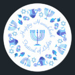 Hanukkiah Happy Hanukkah Jewish Holiday Menorah Classic Round Sticker<br><div class="desc">Hanukkiah Symbol. Happy Hanukkah Party Jewish Holiday Blue Menorah. Jewish Holiday Chanukkah Decoration with traditional Chanuka decorative symbol - Navy Blue colour hanukkiah menorah, candlestick with candles, star of David and neon blue glowing lights illustration. Hanukkah Festival of lights Event Decoration. Jerusalem, Israel. Crafts & Party Supplies > Gift Wrapping...</div>