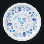 Hanukkiah Happy Hanukkah Jewish Holiday Menorah Paper Plate<br><div class="desc">Hanukkiah Symbol. Happy Hanukkah Party Jewish Holiday Blue Menorah. Jewish Holiday Chanukkah Decoration with traditional Chanuka decorative symbol - Navy Blue colour hanukkiah menorah, candlestick with candles, star of David and neon blue glowing lights illustration. Hanukkah Festival of lights Event Decoration. Jerusalem, Israel. Crafts & Party Supplies > Party Supplies...</div>