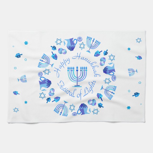 Hanukkiah Happy Hanukkah Jewish Holiday Menorah Tea Towel (Horizontal)