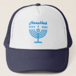 Hanukkiah Happy Hanukkah Jewish Holiday Menorah Trucker Hat<br><div class="desc">Hanukkiah Symbol. Happy Hanukkah Party Jewish Holiday Blue Menorah. Jewish Holiday Chanukkah Decoration with traditional Chanuka decorative symbol - Navy Blue color hanukkiah menorah, candlestick with candles, star of David and neon blue glowing lights illustration. Hanukkah Festival of lights Event Decoration. Jerusalem, Israel. Accessories > Hats & Hair Accessories >...</div>