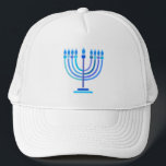 Hanukkiah Happy Hanukkah Jewish Holiday Menorah Trucker Hat<br><div class="desc">Hanukkiah Symbol. Happy Hanukkah Party Jewish Holiday Blue Menorah. Jewish Holiday Chanukkah Decoration with traditional Chanuka decorative symbol - Navy Blue color hanukkiah menorah, candlestick with candles, star of David and neon blue glowing lights illustration. Hanukkah Festival of lights Event Decoration. Jerusalem, Israel. Accessories > Hats & Hair Accessories >...</div>