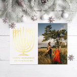 Hanukkiah Menorah Happy Hanukkah Photo  Foil Holiday Card<br><div class="desc">Illustrated menorah (hanukkiah) and "Happy Hanukkah" in real foil. Add a message or more photos to the back side. Choose from gold,  silver or rose gold foil</div>