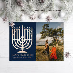 Hanukkiah Menorah Happy Hanukkah Photo Navy Foil Holiday Card<br><div class="desc">Illustrated menorah (hanukkiah) and "Happy Hanukkah" in real foil. Add a message or more photos to the back side. Choose from gold,  silver or rose gold foil</div>