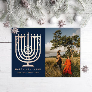 Hanukkiah Menorah Happy Hanukkah Photo Navy Foil Holiday Card