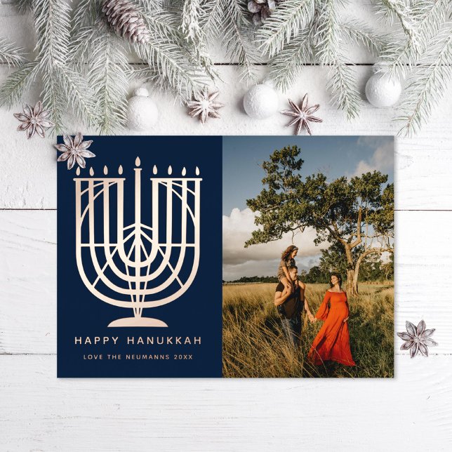 Hanukkiah Menorah Happy Hanukkah Photo Navy Foil Holiday Card (Creator Uploaded)