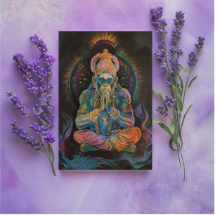 Hanuman Meditating Rainbow Black Portrait Painting Postcard