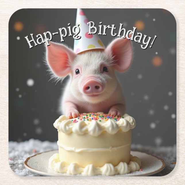 Hap pig Birthday Square Paper Coaster (Front)