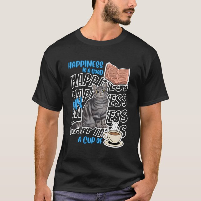 Hapess Is American Shorthair Cats Books Coffee Cat T-Shirt (Front)