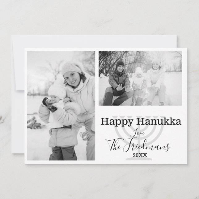 Happ Hanukka Family 2 Photo Black White Holiday Card (Front)