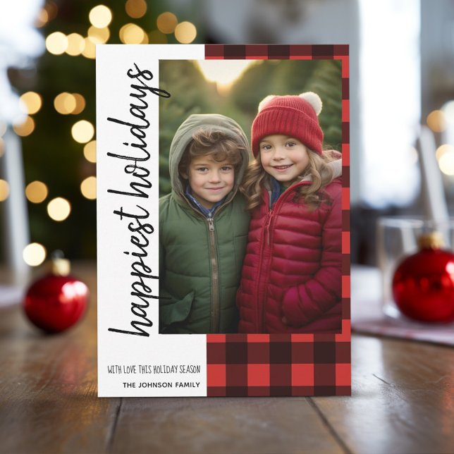 Happiest Christmas 1 Photo Red Black Buffalo Plaid Holiday Card (Buffalo Plaid, 1 Photo, Christmas Card, Download Option)