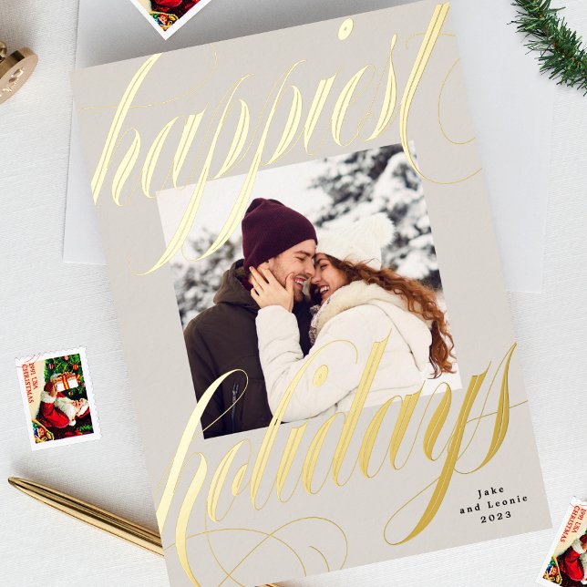 happiest christmas calligraphy one photo beige foil holiday card (Creator Uploaded)