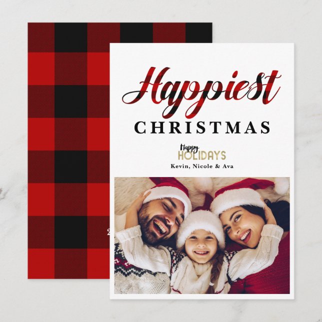 HAPPIEST Christmas Red Plaid Holiday Photo Card (Front/Back)