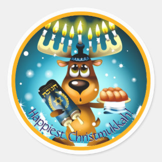 Happiest Christmukkah Hanukkah Christmas Reindeer Classic Round Sticker