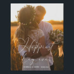 Happiest Day Elegant Calligraphy Wedding Photo Faux Canvas Print<br><div class="desc">An exquisite wedding photo canvas featuring your beautiful wedding photographs. An elegant white calligraphy overlay 'happiest day ever', embellished with decorative heart flourishes, graces the image with personalised text of the couple's name and wedding date creating a timeless and intimate feel. The text is delicately placed across the canvas, and...</div>