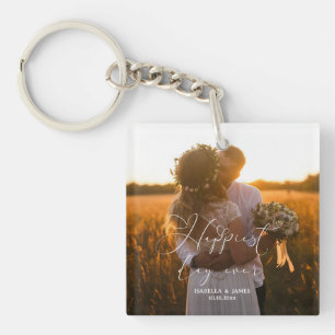 Happiest Day Elegant Calligraphy Wedding Photo Key Ring