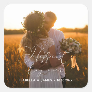 Happiest Day Elegant Calligraphy Wedding Photo Square Sticker