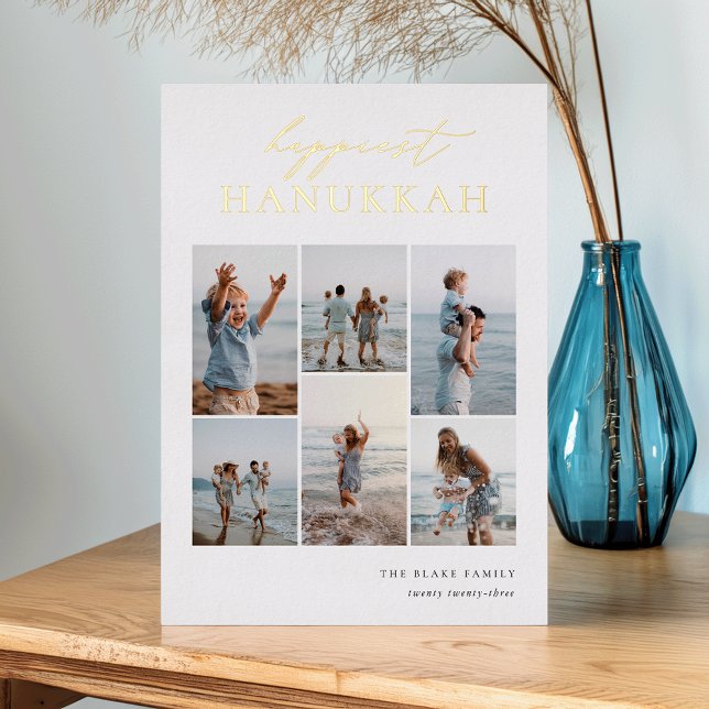 Happiest Hanukkah Elegant 6 Photo Collage Foil Holiday Card (Creator Uploaded)
