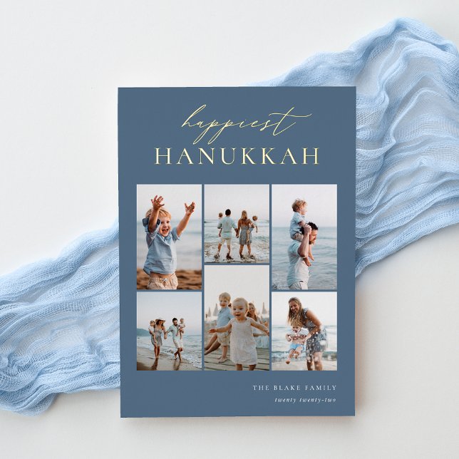 Happiest Hanukkah Elegant 6 Photo Collage Foil Holiday Card (Creator Uploaded)
