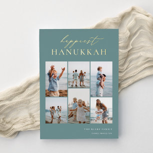 Happiest Hanukkah Elegant 6 Photo Collage Foil Holiday Card