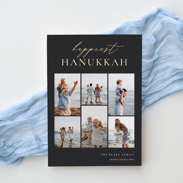 Happiest Hanukkah Elegant 6 Photo Collage Foil Holiday Card (Creator Uploaded)