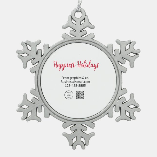 Happiest holidays add business logo name q r code snowflake pewter christmas ornament (Front)