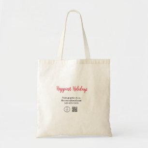 Happiest holidays add business logo name q r code tote bag