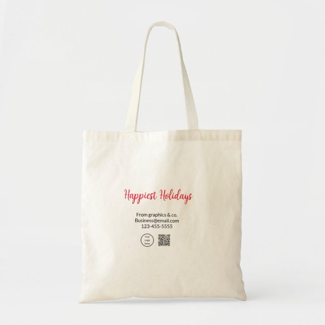 Happiest holidays add business logo name q r code tote bag (Front)