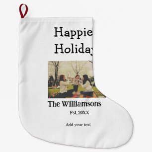Happiest holidays add family name year photomodern large christmas stocking
