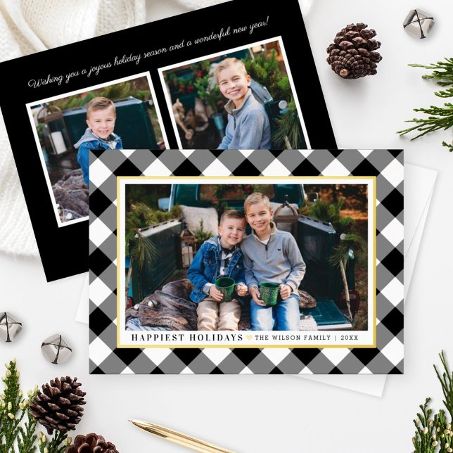 Happiest Holidays Black Buffalo Plaid Photo Gold Foil Holiday Card (Creator Uploaded)