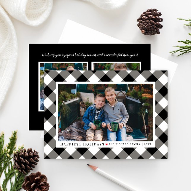 Happiest Holidays Black Buffalo Plaid Photo Holiday Card (Creator Uploaded)