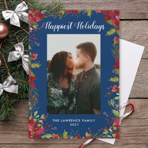 Happiest Holidays Botanical Poinsettia Christmas Holiday Card