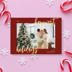 Happiest Holidays Brush Script Photo Red Foil Holiday Card