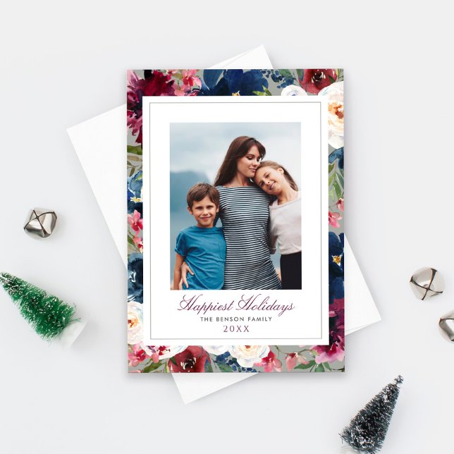 Happiest Holidays Burgundy and Navy Floral Photo Holiday Card (Creator Uploaded)