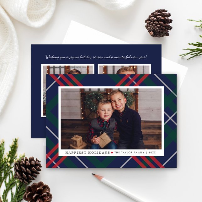 Happiest Holidays Classic Plaid Frame Photo Holiday Card (Creator Uploaded)